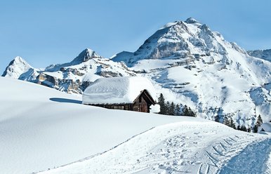 Mürren, schneebedeckte Alphütte mit Bergpanorama