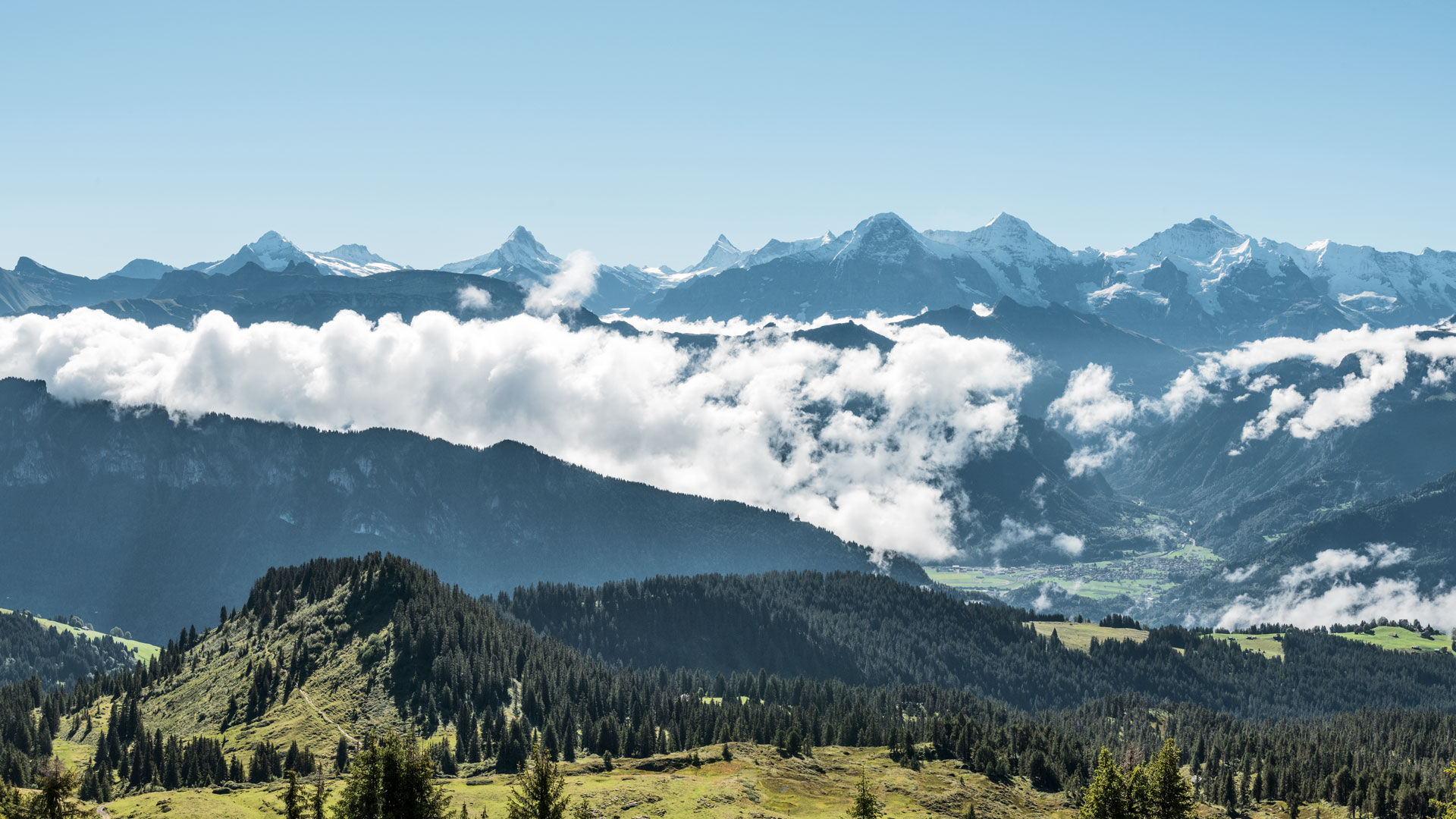 Weitblick auf Wetterhorn, Schreckhorn, Finsteraarhorn, Eiger, Mönch und Jungfrau.